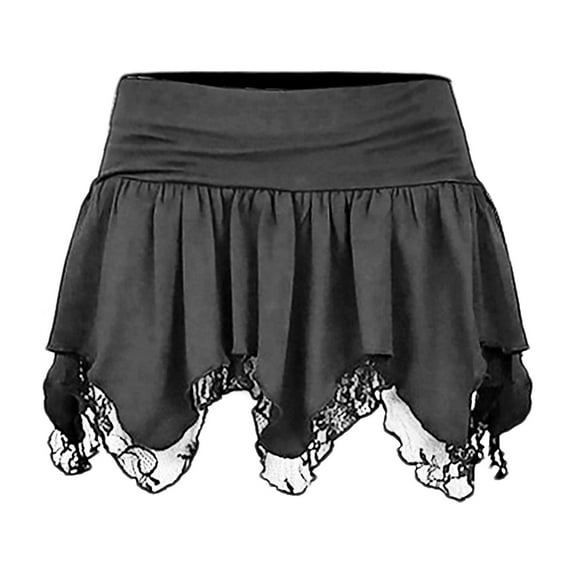 Womens Lace Short Skirt Sexy Solid Low Waist Patchwork Flowy Ruffle Pleated Mini Skirts Streetwear