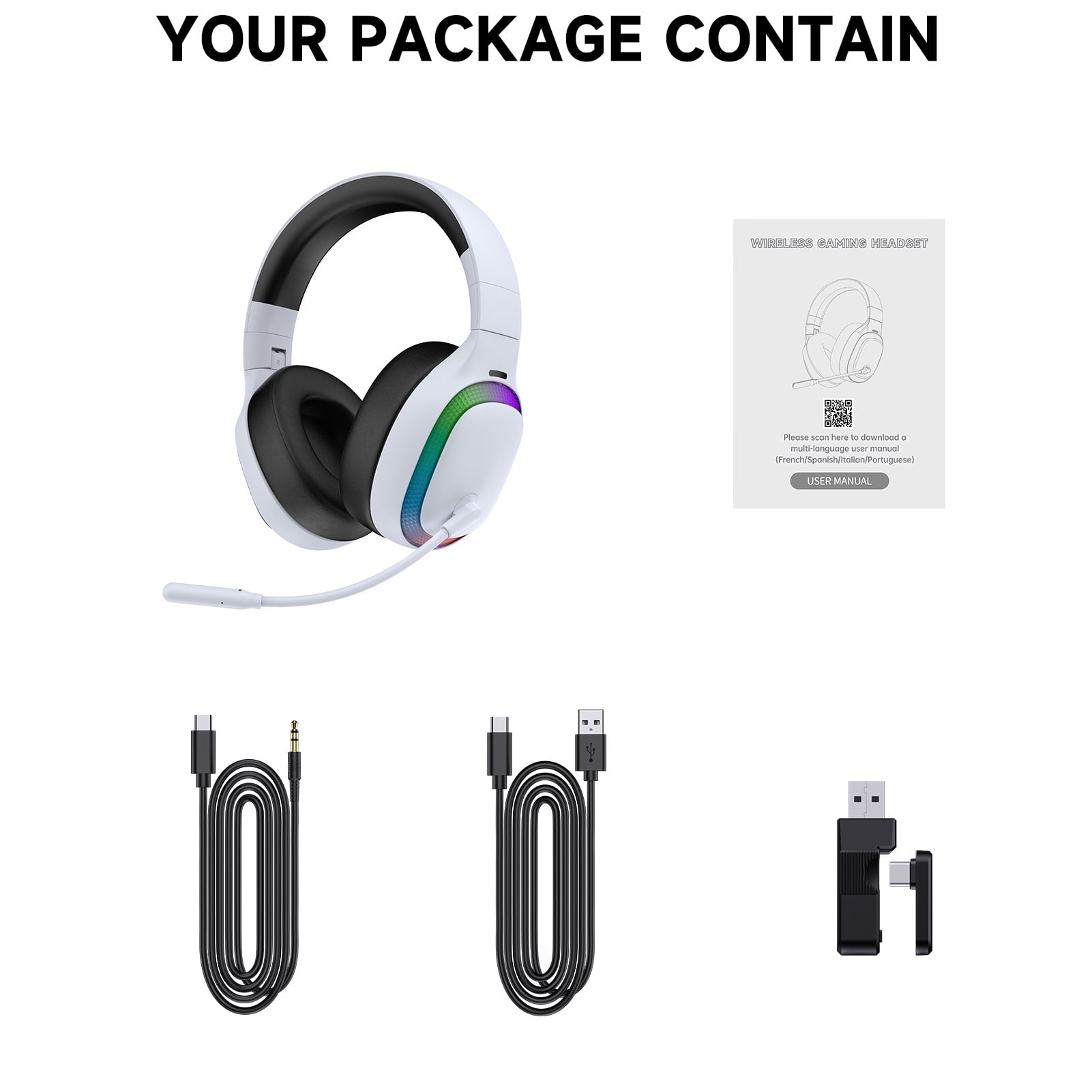 Ecomoment Wireless Gaming Headset for PS5, PC,Switch,Mac with Bluetooth 5.4, 2.4GHz USB PS5 Headset with Mic,Gaming Headphones with RGB Light, 70H Battery Life,White