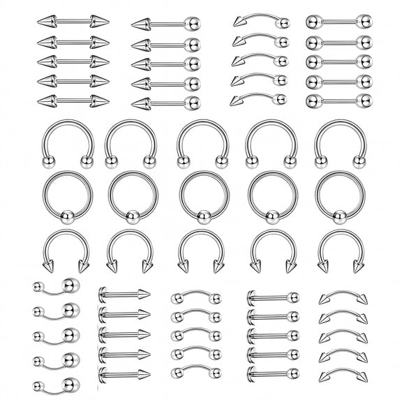 DESIGNICE 60Pcs Unisex Stainless Steel Lip Nail Eyebrow Stud Nose Ring Piercing Mixed Set, Body Piercing Jewelry