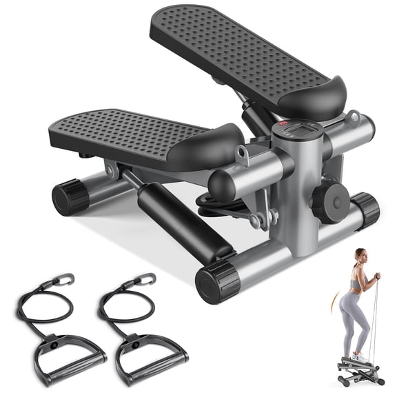 MCQ Mini Stepper for Exercise at Home, Stair Step Workout Machine with Resistance Band and Over 300lb Weight Capacity, Hydraulic Fitness Stepper with LCD Monitor, Silver