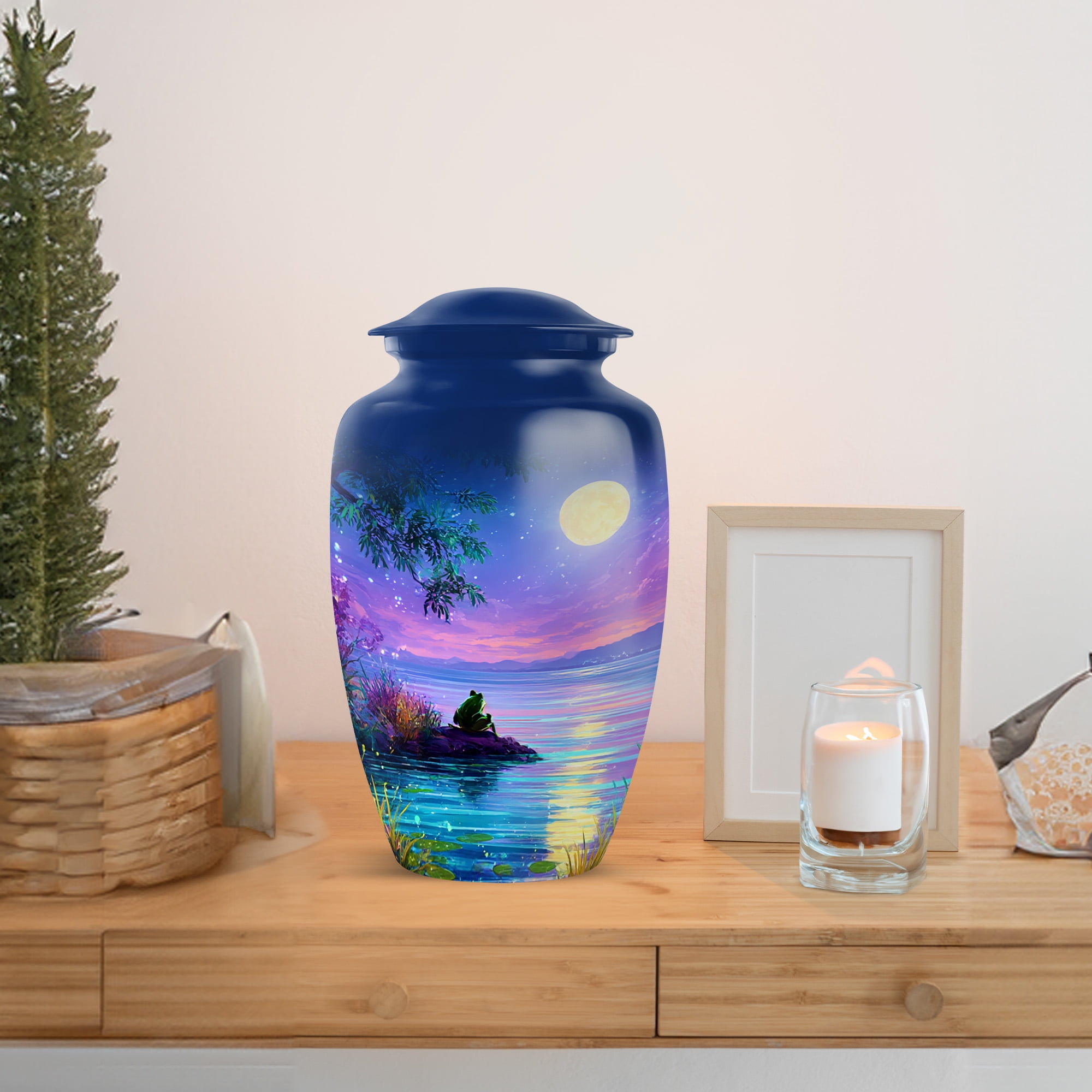 MUKTIVE Frog Cremation Urns for Adult Male, Blue Funeral Urn for Ashes for Women, Moon Burial Urn for Loss of Mom, Large Memorial Urns for Human Ashes, 10 Inch