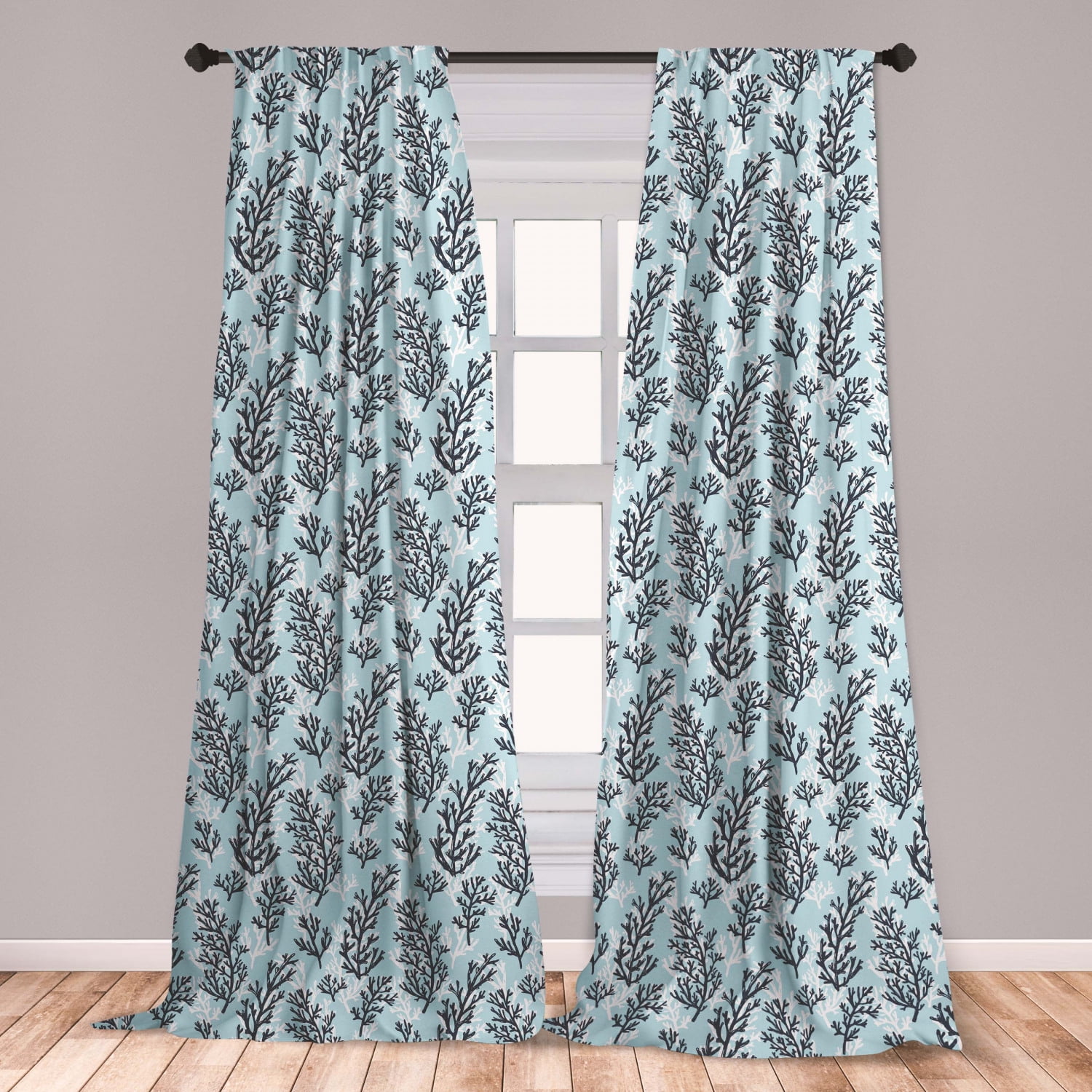 Blue and White Curtains 2 Panels Set, Hand Drawn Style Ocean Themed