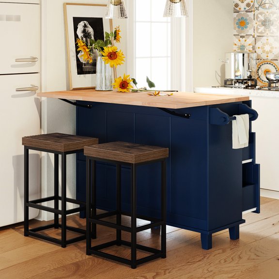 Kitchen Island With 2 Chairs, Drop Leaf, Storage & Towel Rack - Brown Blue Leaf And Seatings, Cabinet,   Black