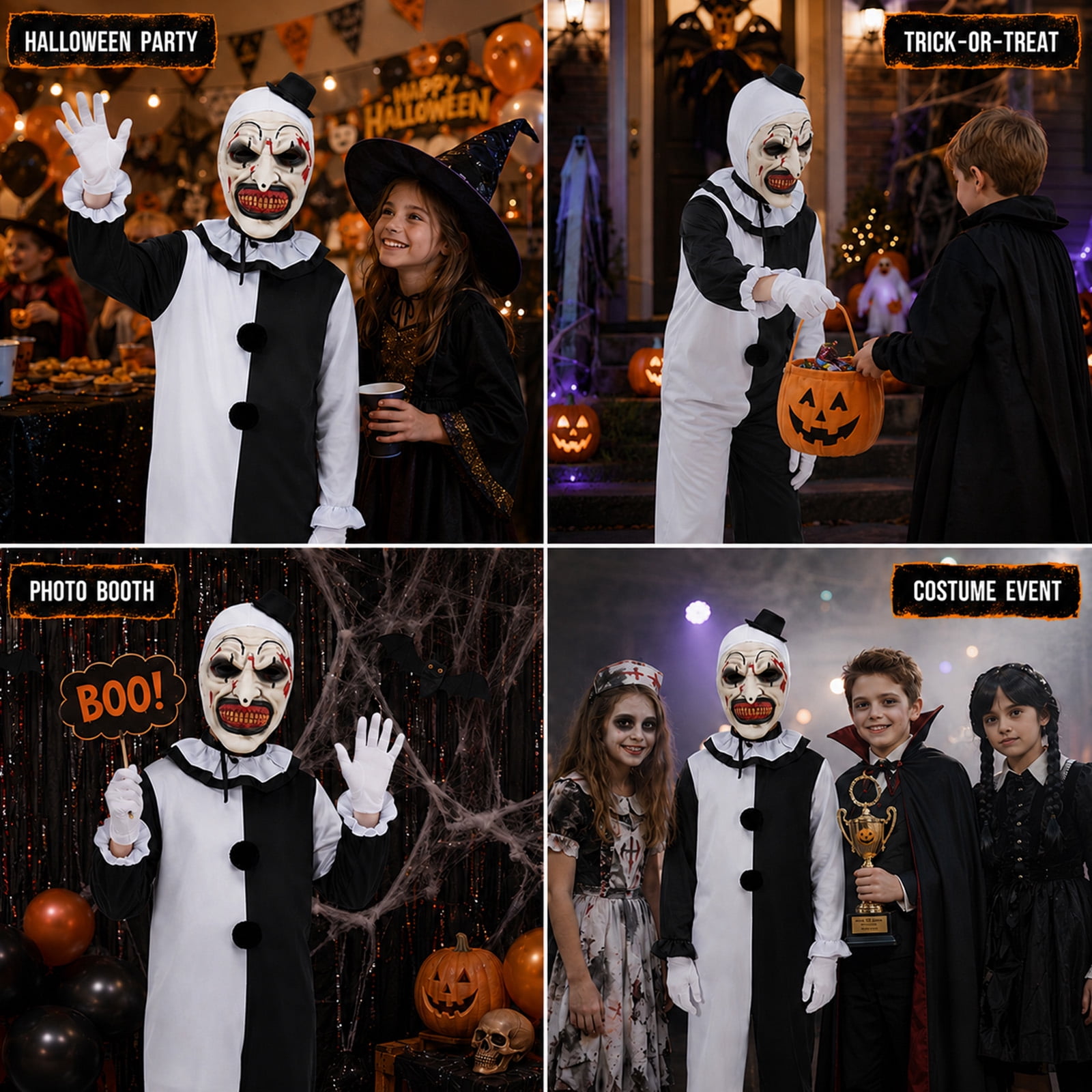 GOBWCOT Kids Clown Costume Terrifying Killer Black & White Scary Clown Jumpsuit Outfit with Mask, Knife Prop, Gloves for Halloween