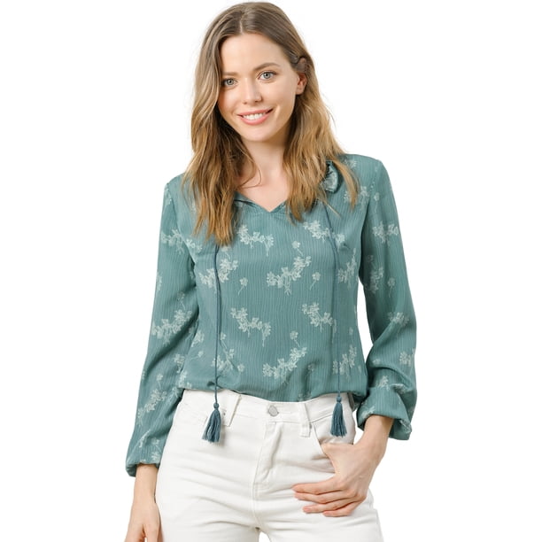 Blusa Estampado Floral Pajarita Cuello Con Volantes Manga Larga Top Para Mujer Verde Oscuro XL