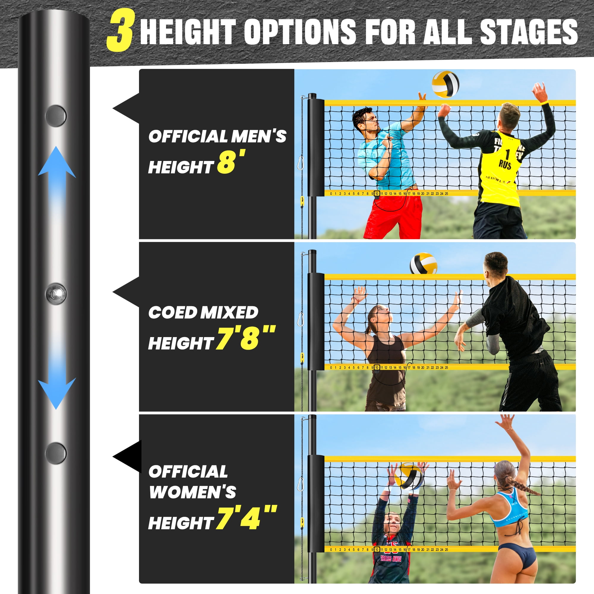 CureCalor Volleyball Net Set, 3 Heights Adjustable for Beach Backyard, PU Volleyball with Carrying Bag and Pump