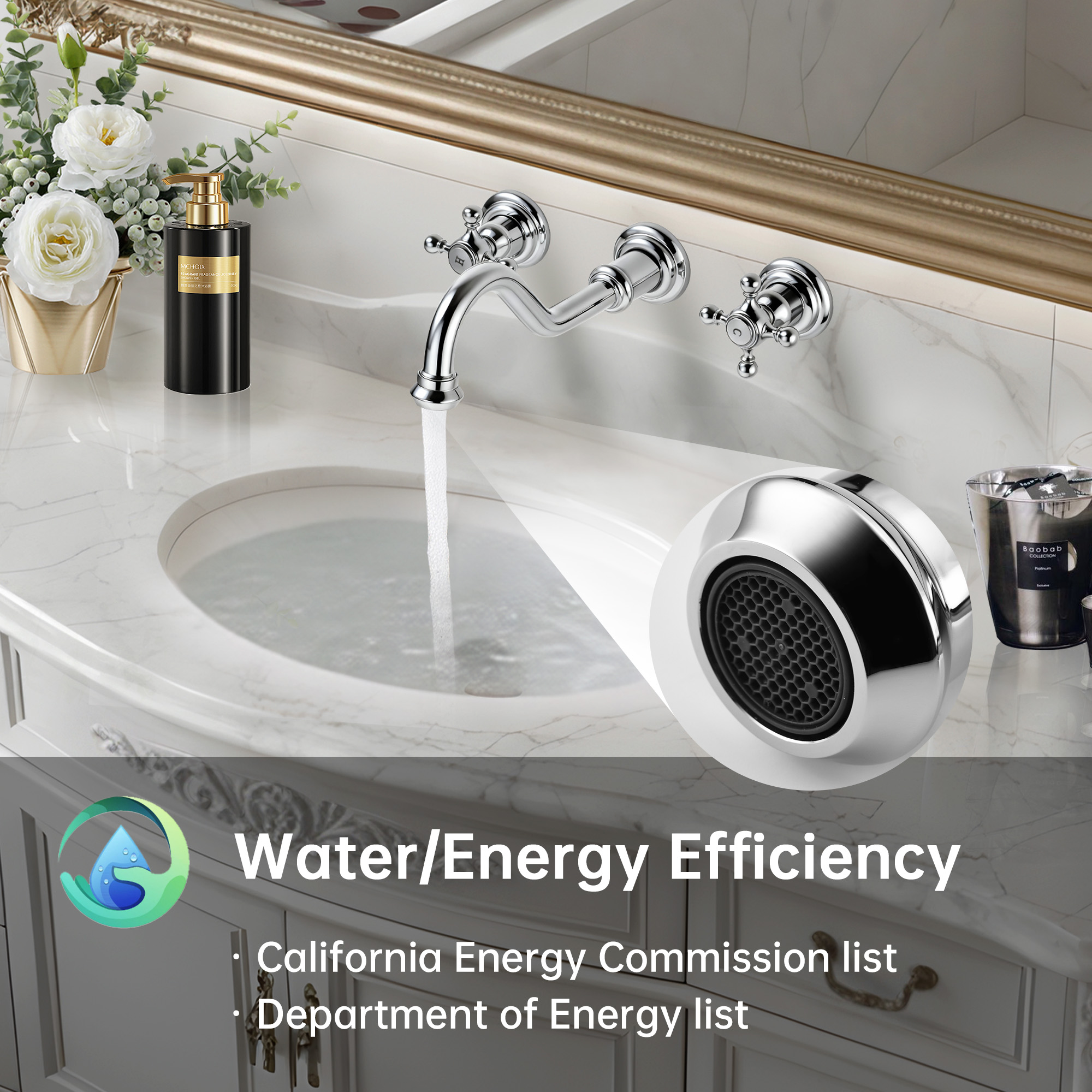 SUMERAIN Vintage Wall Mount Bathroom Vessel Sink Faucet,3 Holes Cross Knobs Lavatory Basin Faucet Chrome Finish with Included In-Wall Valve
