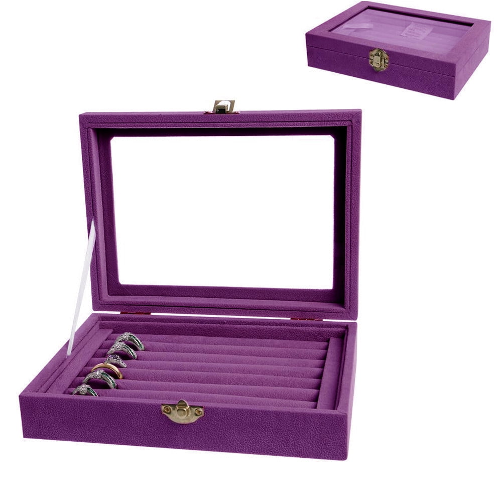Velvet Glass Jewelry Ring Organizer Holder Display Box Earring Storage Case  ^ 
