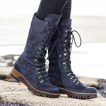 

Tejiojio Clearance Women Boots Winter Strap Chunky Heels Lace Up Slip On Retro Ladies Footwear Casual Shoes