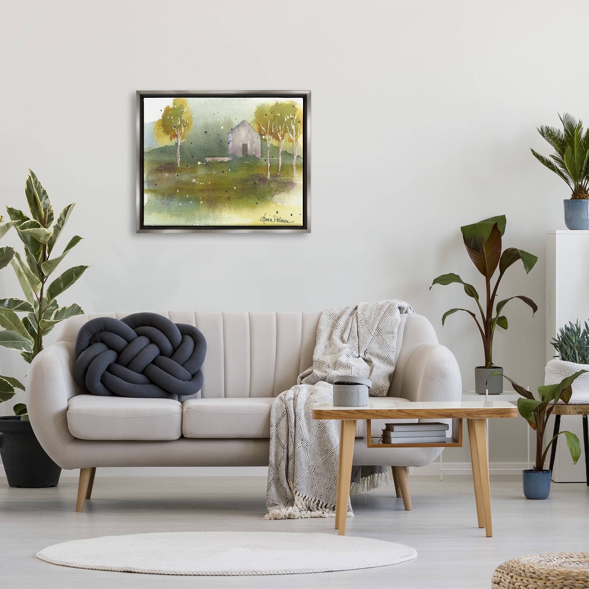 Stupell Industries Countryside Cottage Painting Landscape Painting Gray Floater Framed Art Print Wall Art