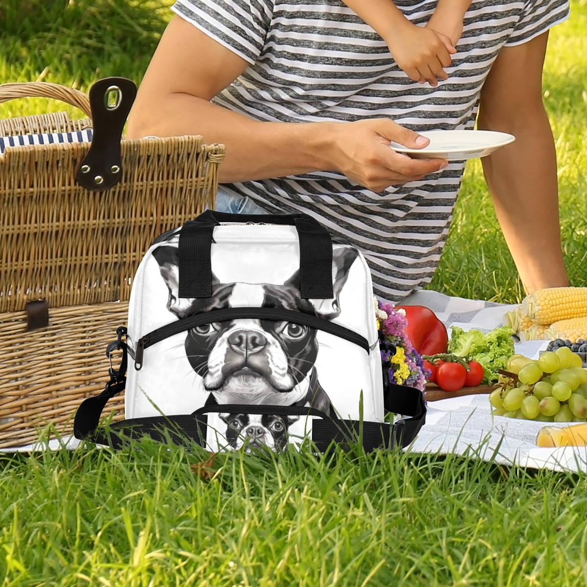 Herdesigns Bostonterrier Dog Insulated Lunch Bag for Women Men Adults Large Reusable Lunch Box Leakproof Portable Cooler Tote Bags with Adjustable Shoulder Strap