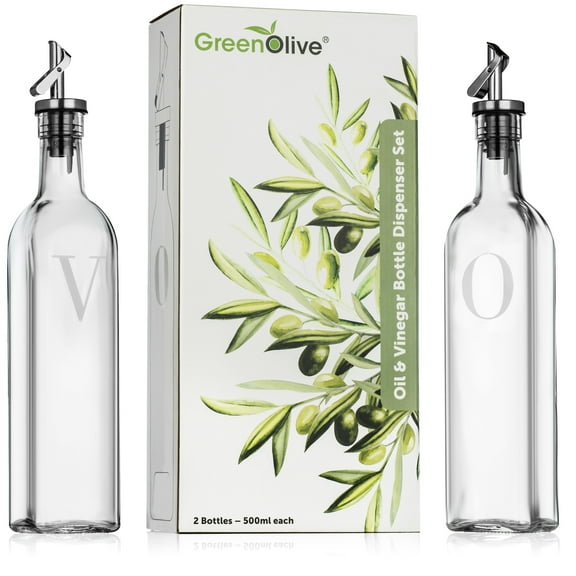 GreenOlive Oil and Vinegar Bottle Dispenser Set - 17 oz. No Drip BPA Free Spout, Cruet Set For Kitchen