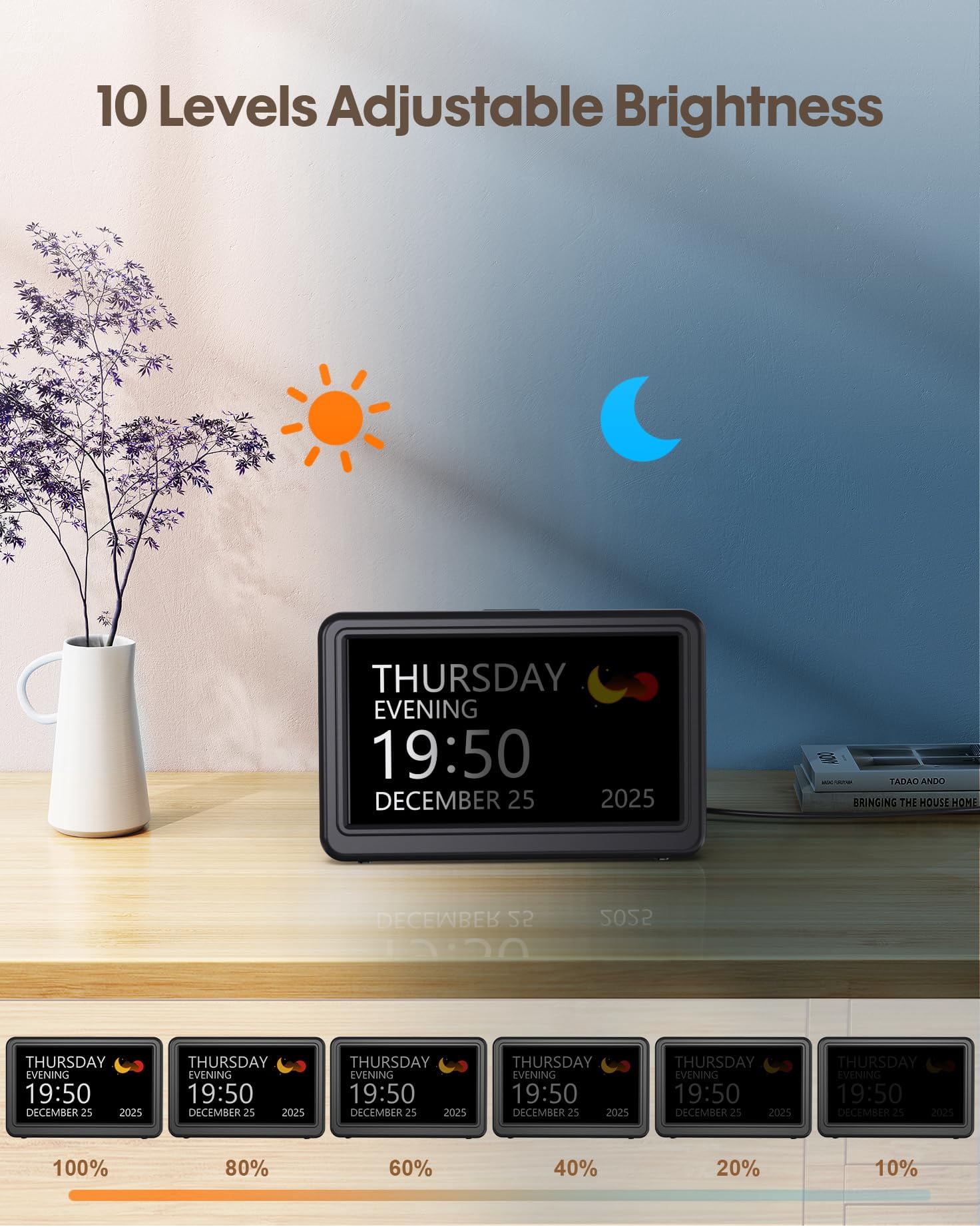 Clock With Day And Date For  7" Large Display Digital Calendar 20 Custom Alarms Reminders Dimmable Dementia Alzheimers Clocks Seniors Black (ac Powered)