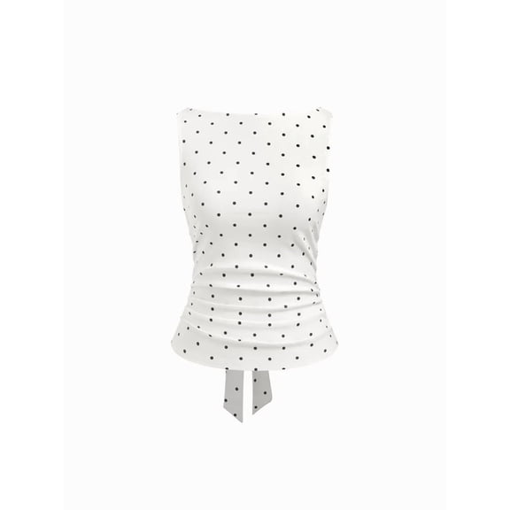 Women Y2k Polka Dots Boat Neck Tank Top Cute Sleeveless Slim Fitted Side Ruched Tie Back Vest Top White S