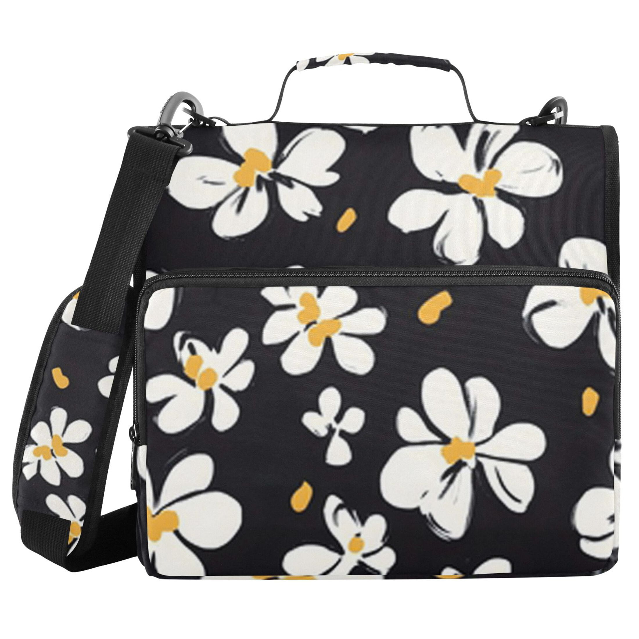Zipper Binder Black Background White Flower 1.5 Inch Binder Folder Bag with Shoulder Strap and Handle