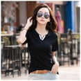 thumbnail image 5 of Sarapandan T Shirt V Neck Short Sleeves Slim Fit Pure Color Soft Comfortable Cotton Polyester Women Summer Tees for Daily Black XL, 5 of 7