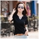 thumbnail image 5 of Camiseta de cuello en V de manga corta, corte ajustado, color puro, suave, cómoda, de algodón y poliéster, para mujer, camisetas de verano para uso diario, color negro L, 5 of 12