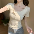 thumbnail image 4 of Wyobmus Womens Short Sleeve T Shirt Y2K Mock 2 Piece Lace Patchwork Henley Shirts Button Down Scoop Neck Slim Fit Tops Ribbed Knit Tee Tops Beige, 4 of 9