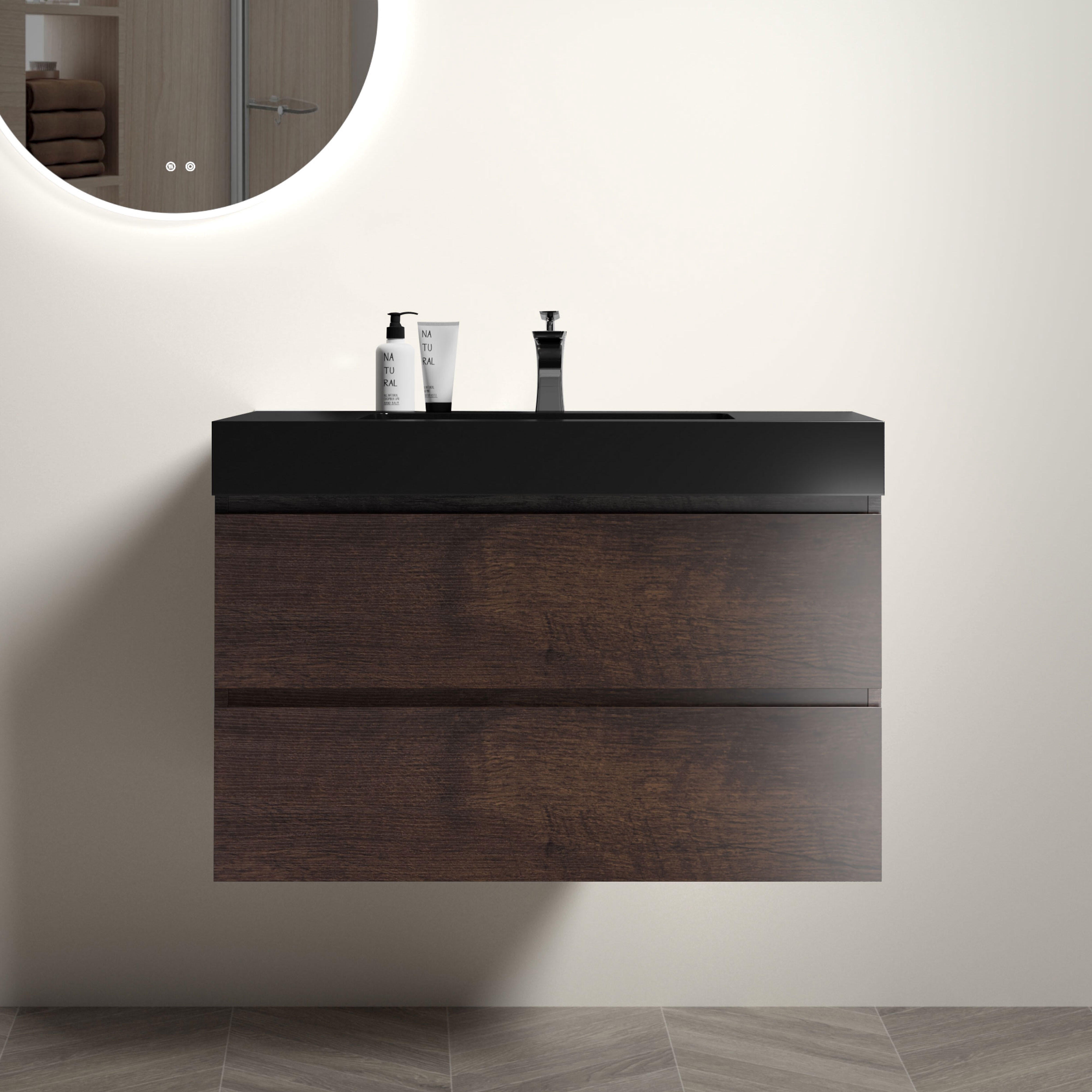 Vanity With Sink, BB02-36-109, Integrated engineered quartz basin WITHOUT drain and faucet, matte black color, Matt Black Bathroom Vanity,Quartz Single Sink Vanity, Bath & Faucets Bathroom Vanities