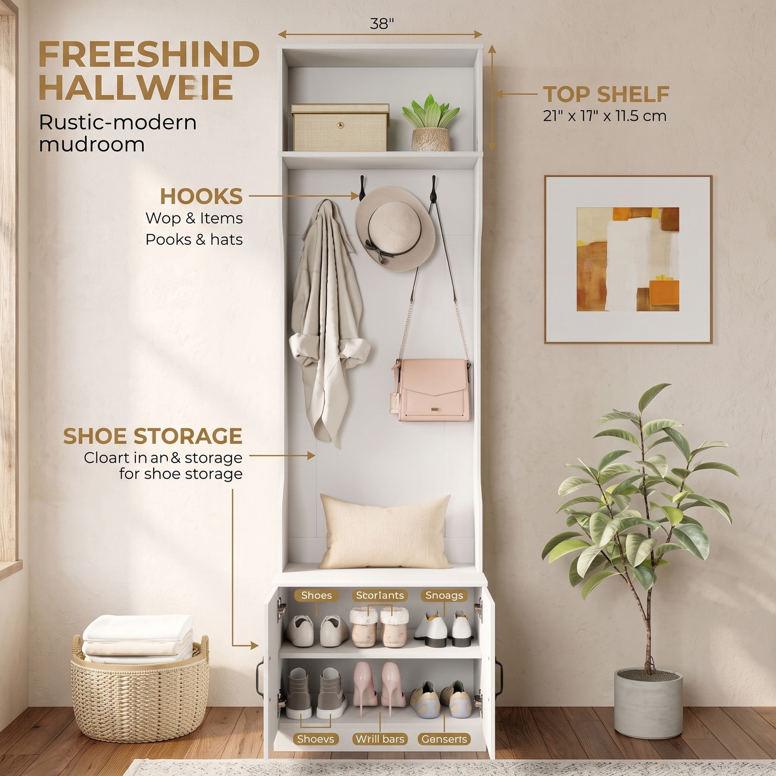Furnibear 3 in 1 Hall Tree with Bench Shoe Cabinet and 4 Double Hooks 23.5 Inch Wide Mudroom Storage for Entryway, White