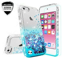 Case for New iPod Touch / iPod 6/5 [Tempered Glass Screen Protector],Glitter Liquid Quicksand Waterfall Bling Sparkle Diamond For Apple iPod New Touch 5/6th Generation Case (Clear/Aqua)