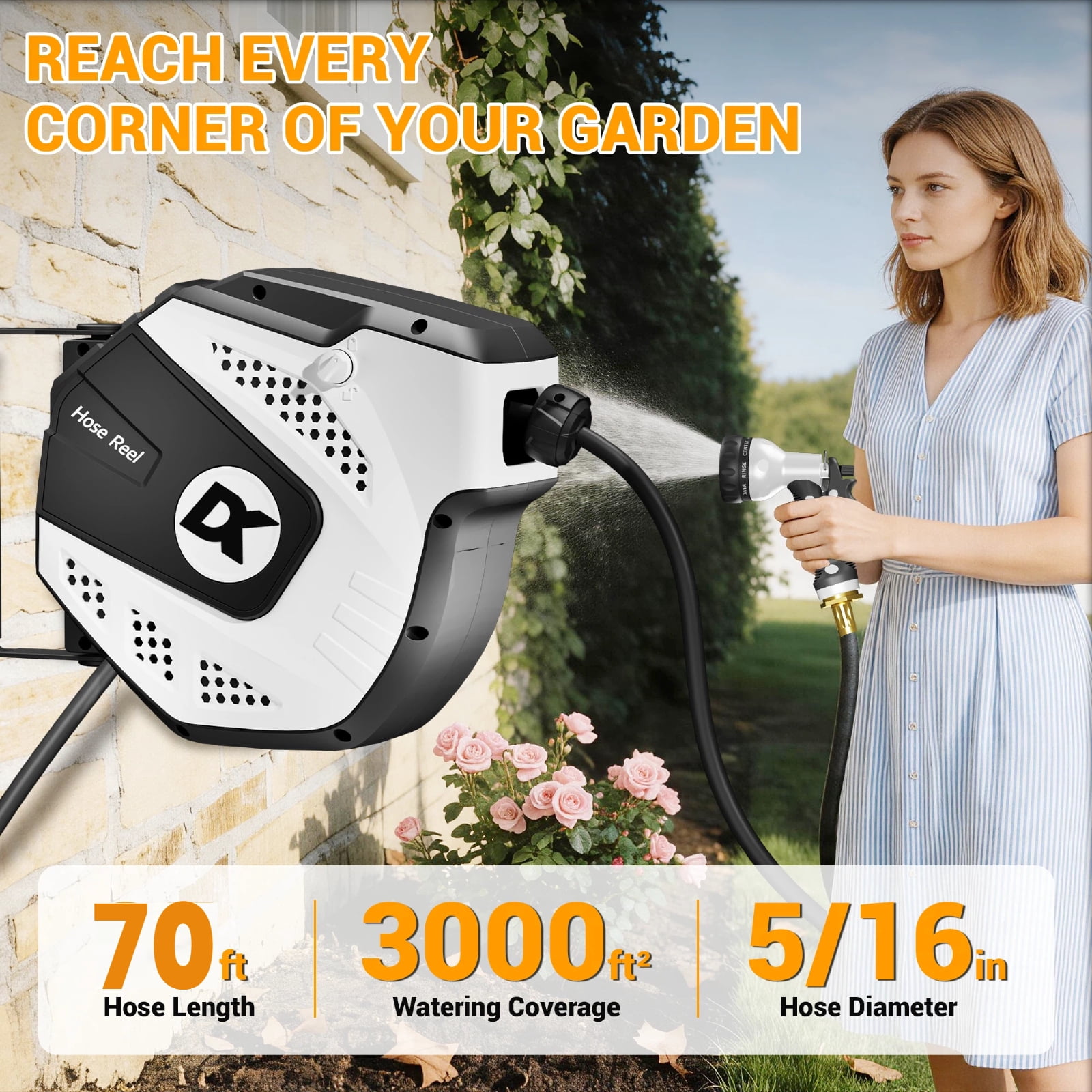 Dkenicor 5/16 70FT Retractable Wall Mount Garden Hose Reel,10 Pattern Nozzle,Automatic Self Retract&Any Length Lock,for Garden,Patio,Yard Use,Gray
