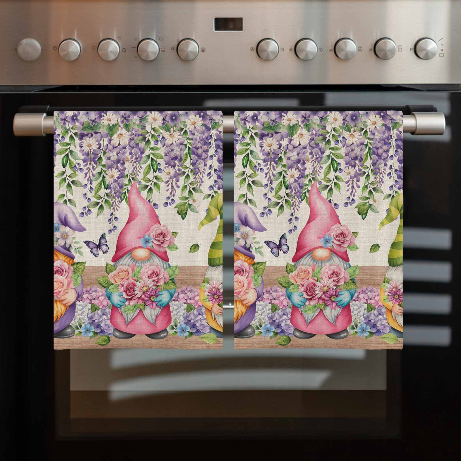 Blue Purple Gnomes 1 Pack Kitchen Towel, Water Absorbent Dish Towel, Spring Vintage Hydrangea Flower Leaf Decorative Hand Towels - Quick Drying Cloth for Cooking Baking, 18x28 Inch