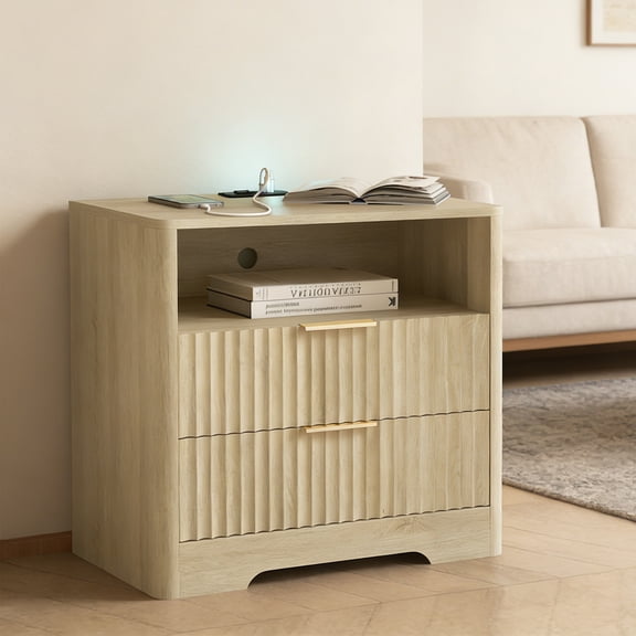 HIUU 24" Natural Wood Night Stand,Fluted Night Stand with Charging Station and USB Night Light,Bed Side Table with Drawers,Wood Bedside Table for Bedroom
