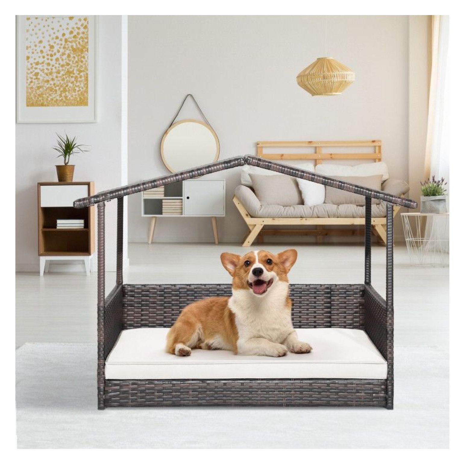 Wicker Dog House Outdoor Indoor, Weatherproof Rattan Dog Bed with Cushion - Large Dog House for Yard, Porch, Living Room - Elevated Pet Bed