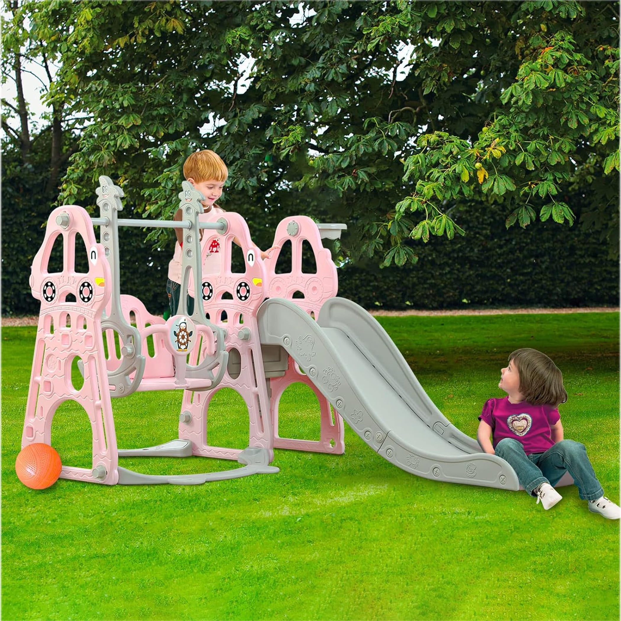 Ealing 4 in 1 Slide and Swing for Toddlers Age 1-2 ,Baby Swing Playset Indoor with Safety Belt and Basketball Hoop,Pink