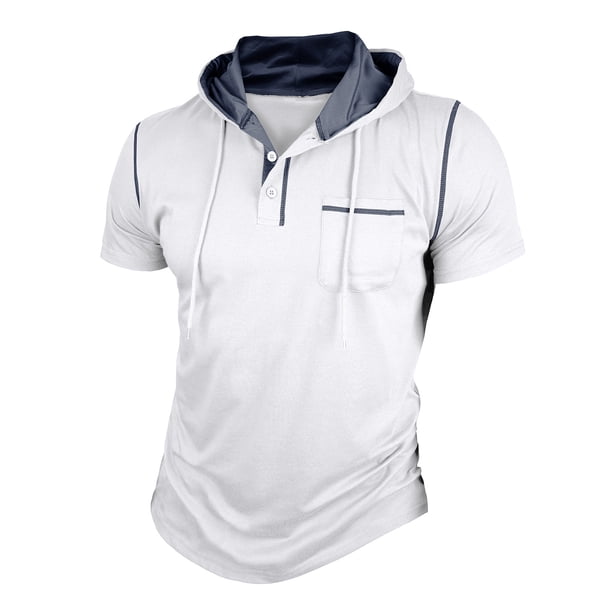 Mens Casual Manga Corta Botón Abajo Camisas Botón con Capucha Sólida Camisa de Parche, Camisas de Manga Larga Casual Elegante para Diario