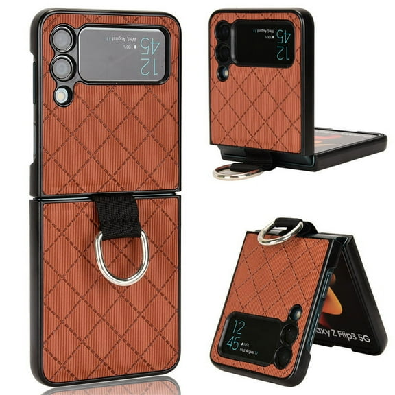 Leather Case Compatible with Samsung Galaxy Z Flip 4 2022 with Ring Shockproof Ultra Thin Business Case-Brown
