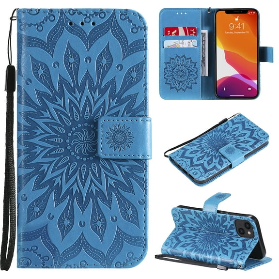 TECH CIRCLE Case for iPhone 15 Plus (2023) - [Embossed Flower Pattern] Protective PU Leather Wallet Case with [Card Holder /Wrist Strap] Fold Stand Folio Cute Cover Shell, Blue