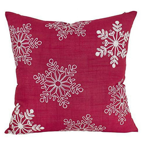 Fennco Styles Embroidered White Snowflake Christmas Decorative Throw Pillow Cover 18 x 18 Inch - Red Pillow Case for Holiday DÃ©cor, Couch, Living Room and Bedroom DÃ©cor