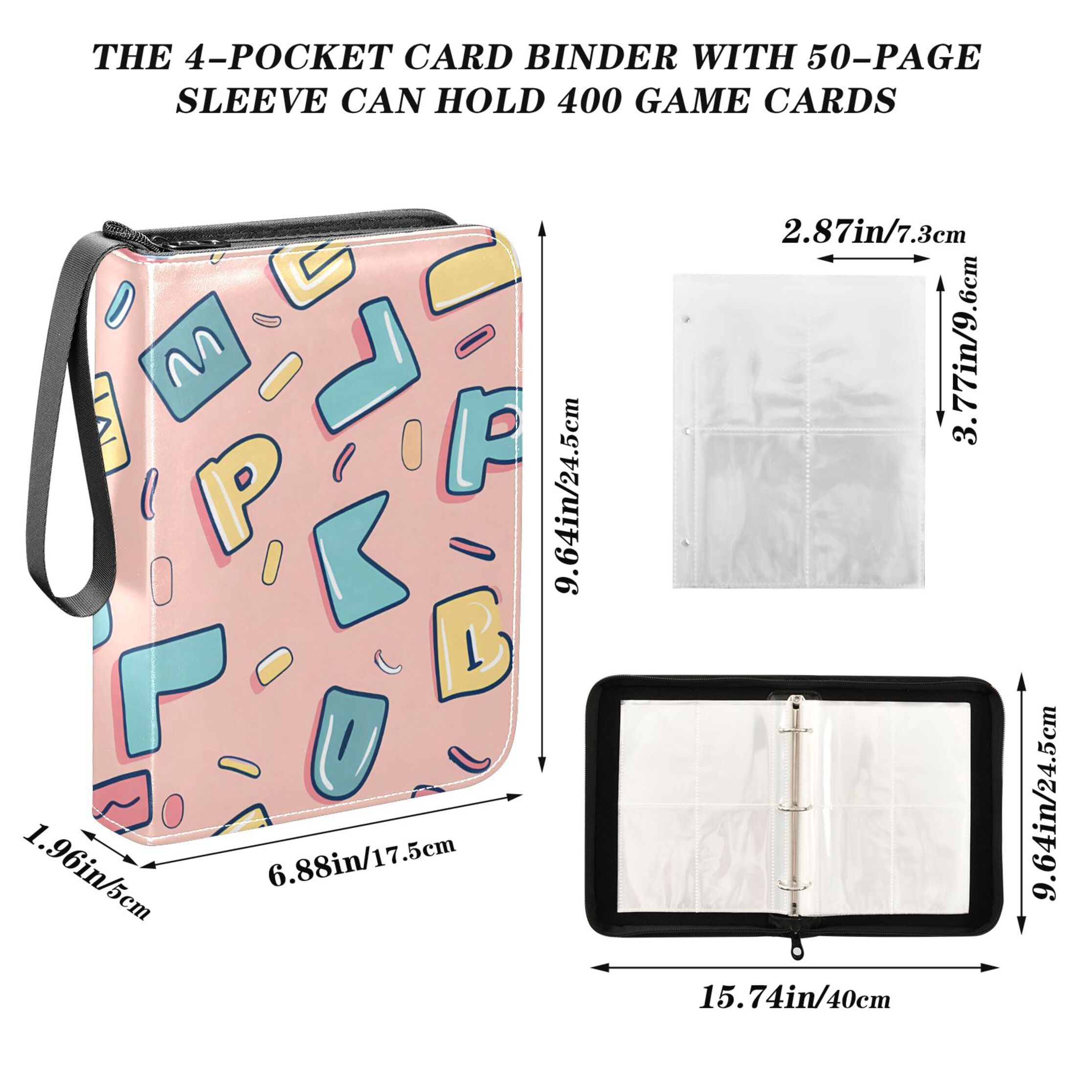 Trading Card Binder Album 400 Pockets 50 Removable 4-Pocket Pages Waterproof Cartoon Letter and Character