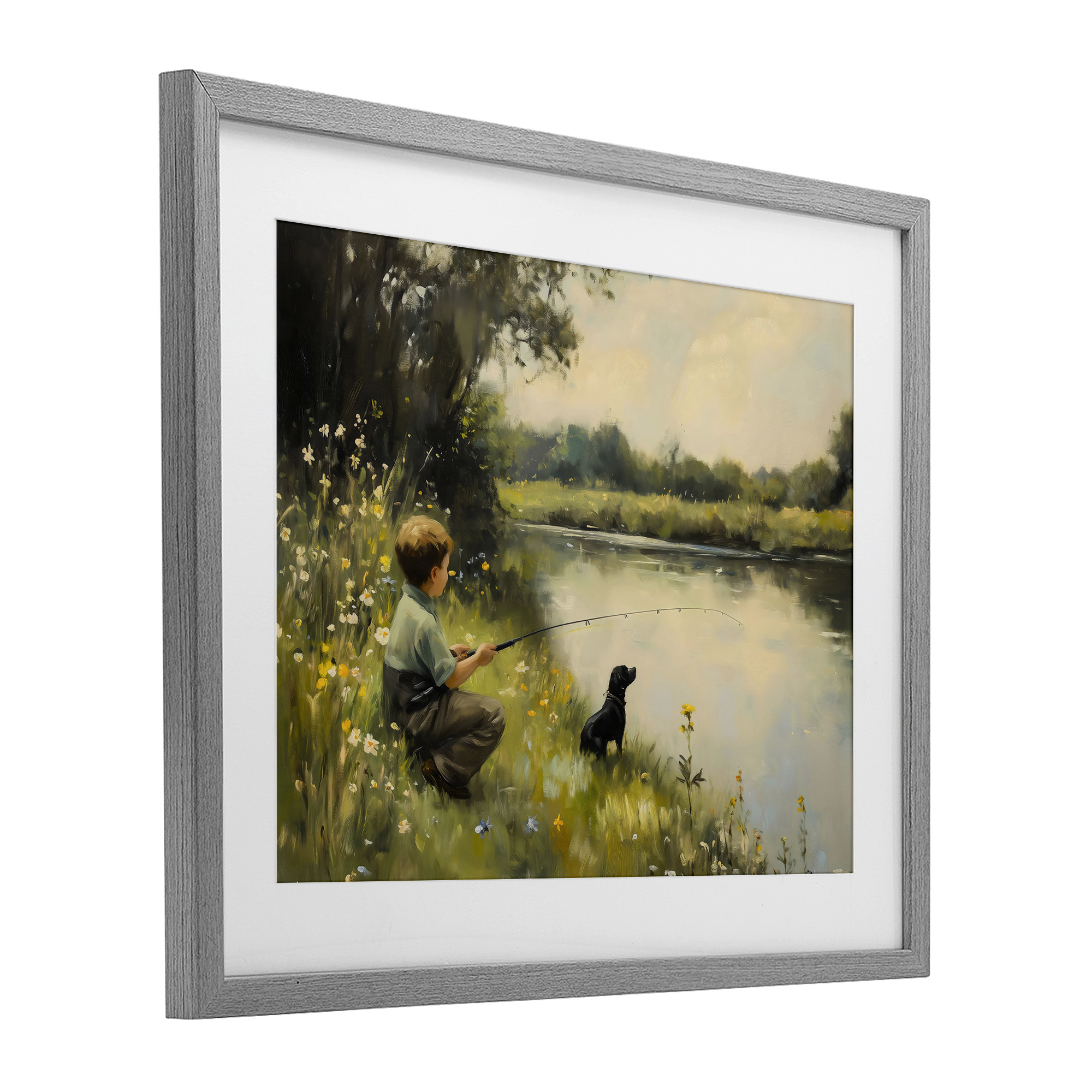 Boy & Puppy Fishing Gray Framed Print Under Glass, design by Arlington Prints