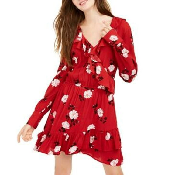 MSRP $70 American Rag Juniors' Floral Faux Wrap Dress Red Size Medium