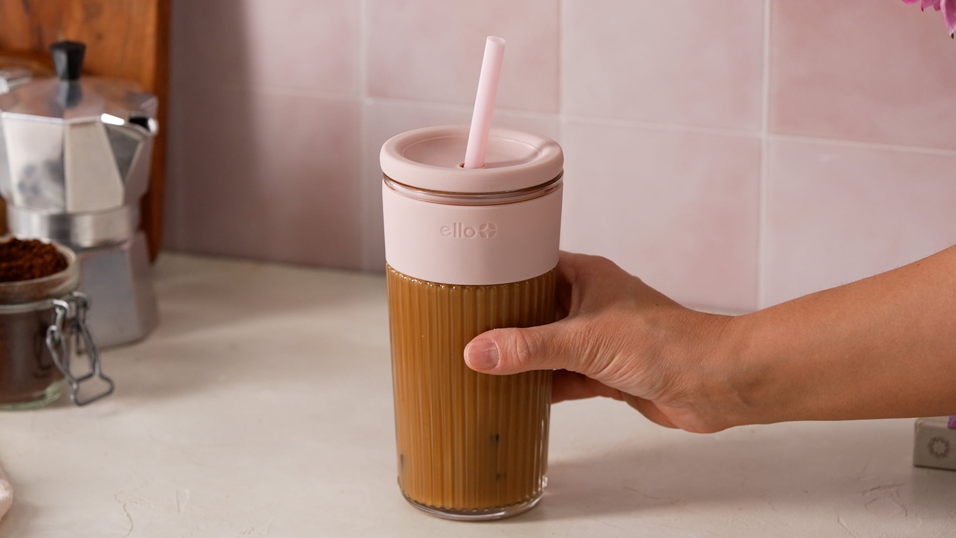 Ello Ava 18oz Glass Travel Mug, Pink
