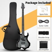 Glarry Full Size 4 String Electric Bass Guitar Burning Fire Tiger Stripe with SS Pickups and Amp, Black