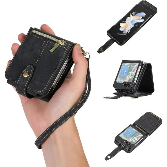Wallet Case for Samsung Galaxy Z Flip 5 5G, 3 Card Slots Retro Leather Wallet Shockproof Flip Cover with Hand Strap Card Slots Zipper Pocket Kickstand Handbag Magnetic Closure - Retro Black