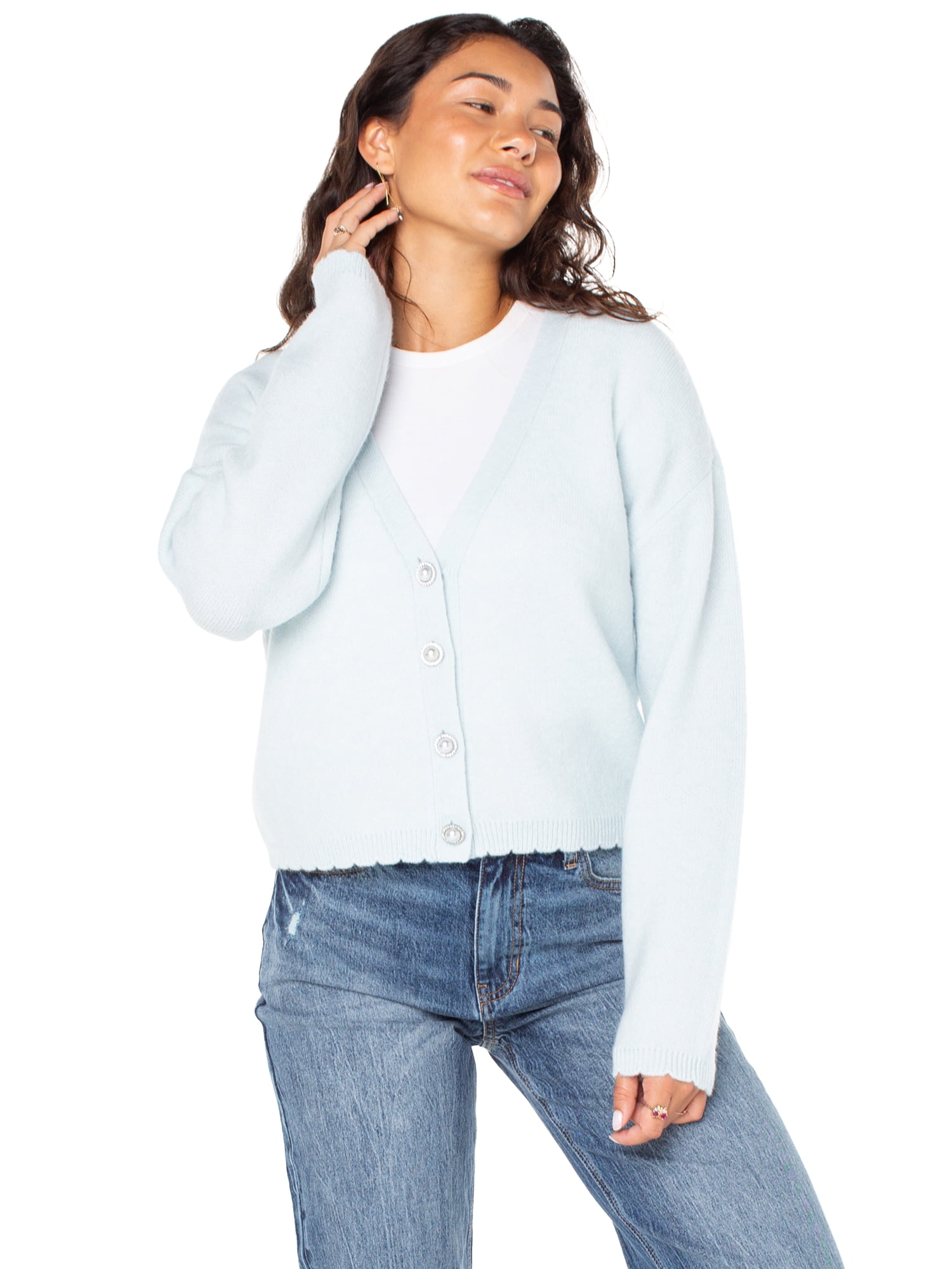 Celebrity Pink Women's Scalloped Hem Jewel Button Cardigan Sweater with Long Sleeves, Sizes XS-XXXL