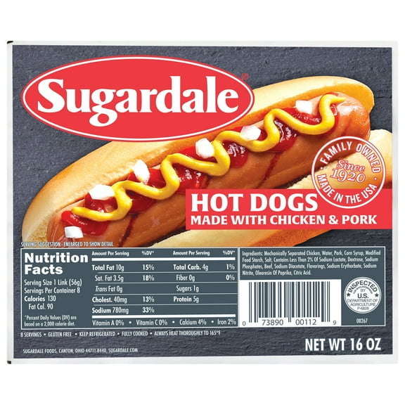 Sugardale Chicken and Pork Hot Dogs, 1 lb, 8 Count