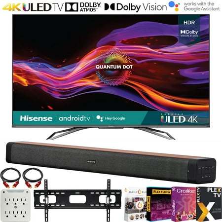 Hisense 65 Inch U8G Series 4K ULED Quantum HDR Smart Android TV 65U8G (2021) Bundle with Deco Home 60W 2.0 Ch Soundbar + 37"-70" TV Wall Mount + Premiere Movies Streaming + 6-Outlet Surge Adapter