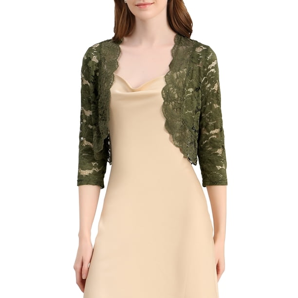 INSPIRAR CHIC Chaquetas para Mujeres Cárdigan de Encaje Floral de Manga 3/4 Top Transparente Verde Oliva XS