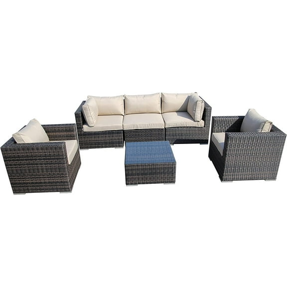 5 Pieces Patio Sofa Set, Aluminum Frame Full Assembled Outdoor Sectional Rattan Sofa Set, All Weather Mix Brown Wicker Conversation Set with Beige Cushions and Throw Pillows