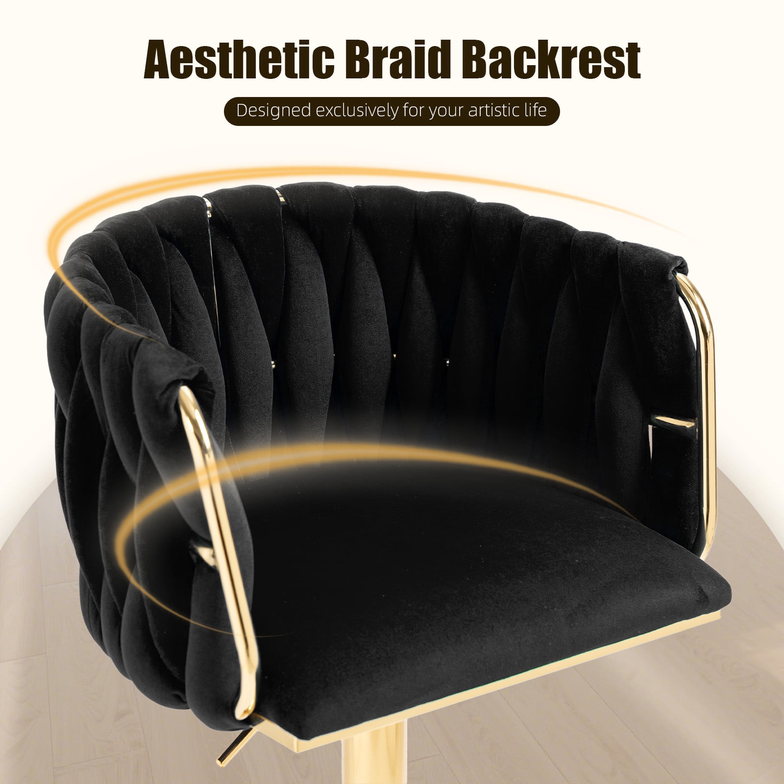 Homefun Velvet Bar Stools Set of 2,Modern Height Adjustable Swivel Barstools Counter Chairs with High Back & Gold Metal Base