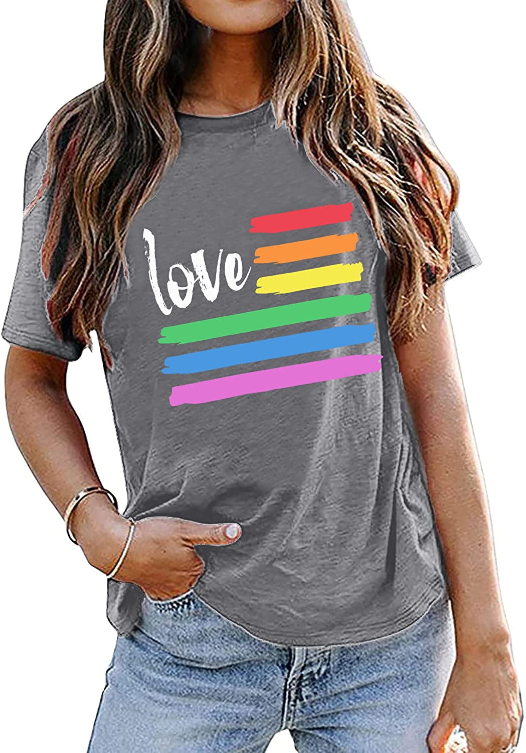 Pride Shirt Women Funny Love Letter Print T Shirt Rainbow Graphic Tees LGBT  Equality Shirts Casual Short Sleeve Tops 