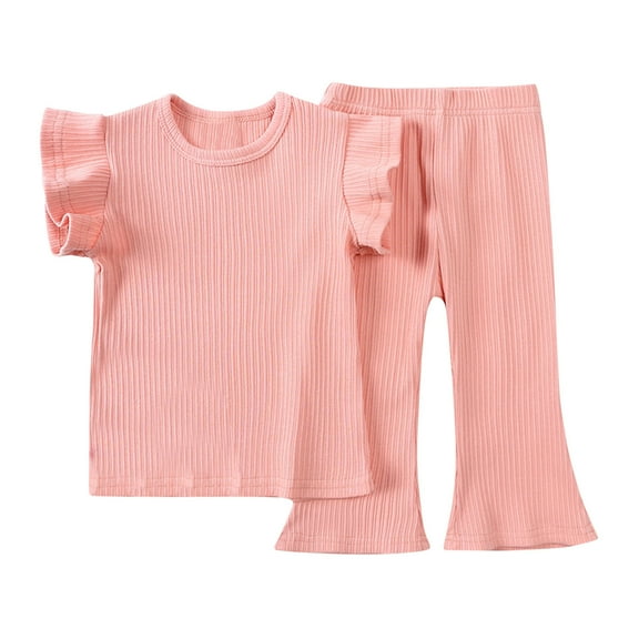 HAOTAGS Baby Girls' Casual Short Sleeve Tops, Solid Color Round Neck Tee with Pants Sets Pink