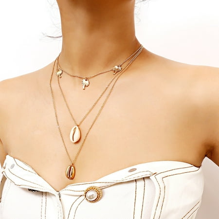 Bohemia Multilayer Coconut Tree Shell Choker Necklace Alloy Seashell Pendant Necklace for Women Gold