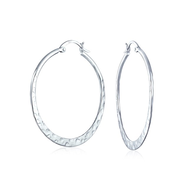 Bling Jewelry Large Hammered Flat Thin Large Hoop Earrings for Women